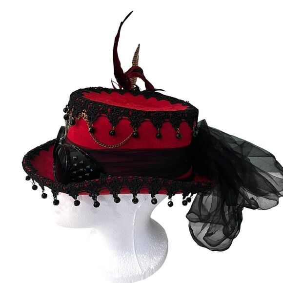 Deluxe Velvet 4.25"H Steampunk Full Size Top Hat Removable Goggles & Feathers - Picture 3 of 8